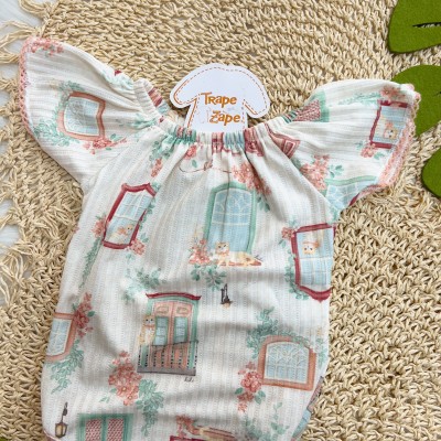 Conj. Body Gatinhos com Flores e Short - Areia e Rose